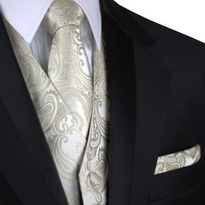Men's Formal Wedding Prom Homecoming Tuxedo Vest Tie Hankie - Champagne Paisley